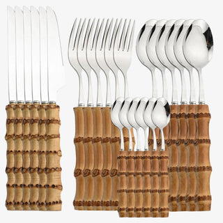 Bamboo Handle Flatware Set - 24 Silverware PCS