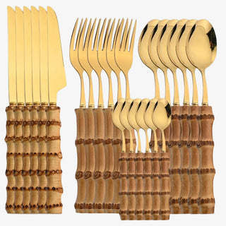 Bamboo Handle Flatware Set - 24 Silverware PCS