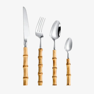Bamboo Handle Flatware Set - 24 Silverware PCS