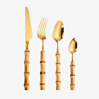 Bamboo Handle Flatware Set - 24 Silverware PCS