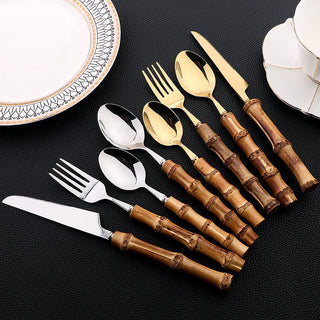 Bamboo Handle Flatware Set - 24 Silverware PCS