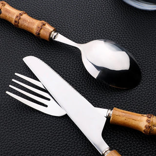 Bamboo Handle Flatware Set - 24 Silverware PCS