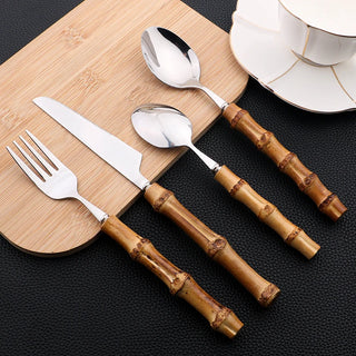 Bamboo Handle Flatware Set - 24 Silverware PCS