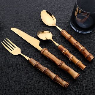 Bamboo Handle Flatware Set - 24 Silverware PCS