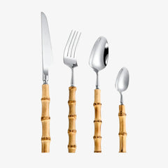 Bamboo Handle Flatware Set - 24 Silverware PCS