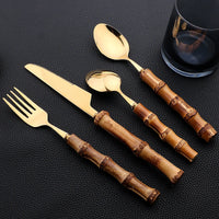 Bamboo Handle Flatware Set - 24 Silverware PCS