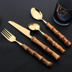 Bamboo Handle Flatware Set - 24 Silverware PCS