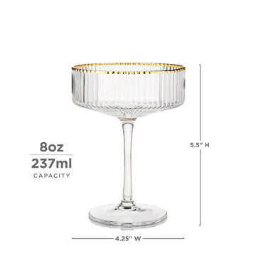 Ribbed Coupe Cocktail Glasses With Gold Rim 8 oz, Set of 4